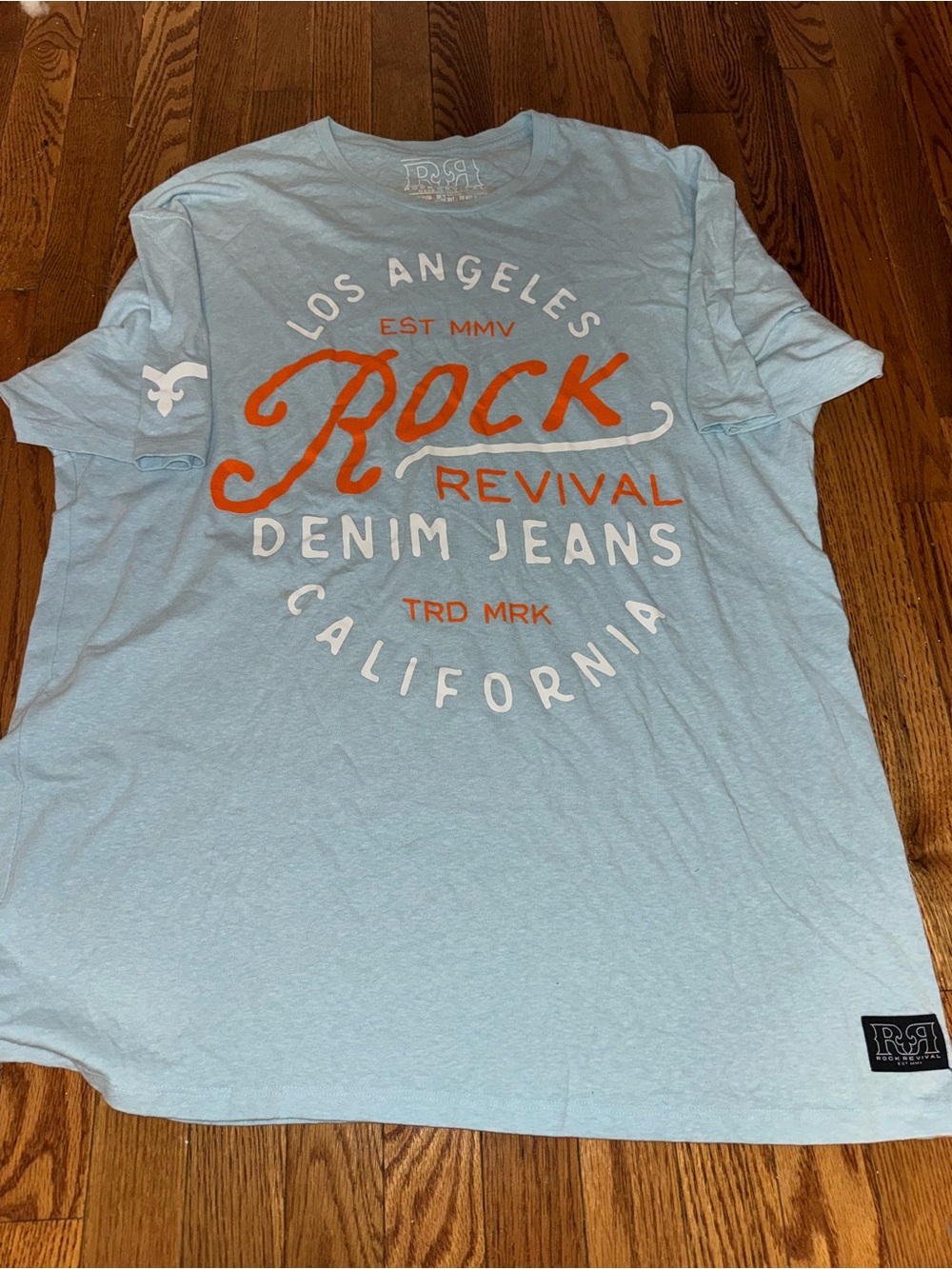 Rock Revival Light Blue Tee with Orange and White Graphic